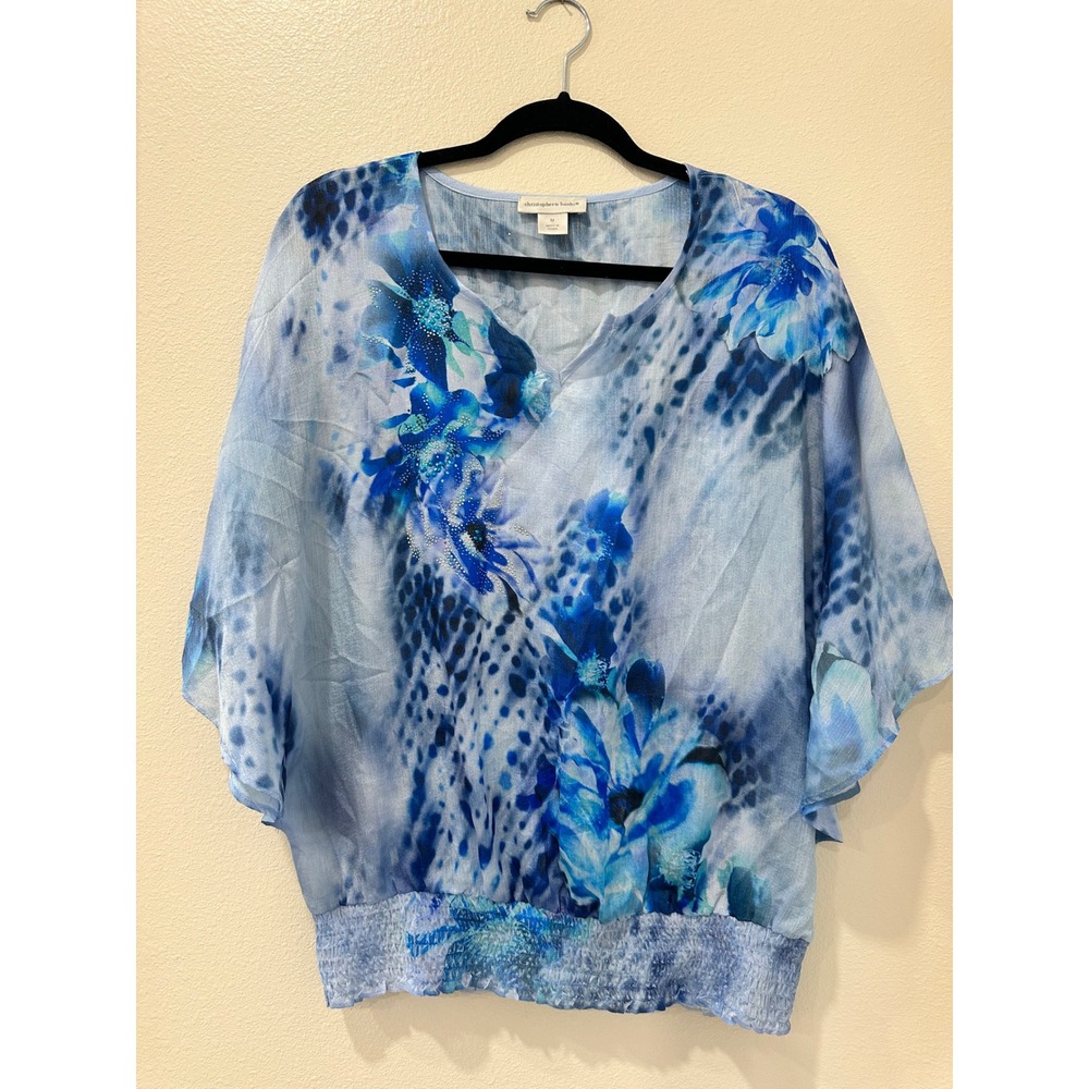 Christopher & Banks Blue Floral Leopard Print Embellished Smocked Blouse Medium